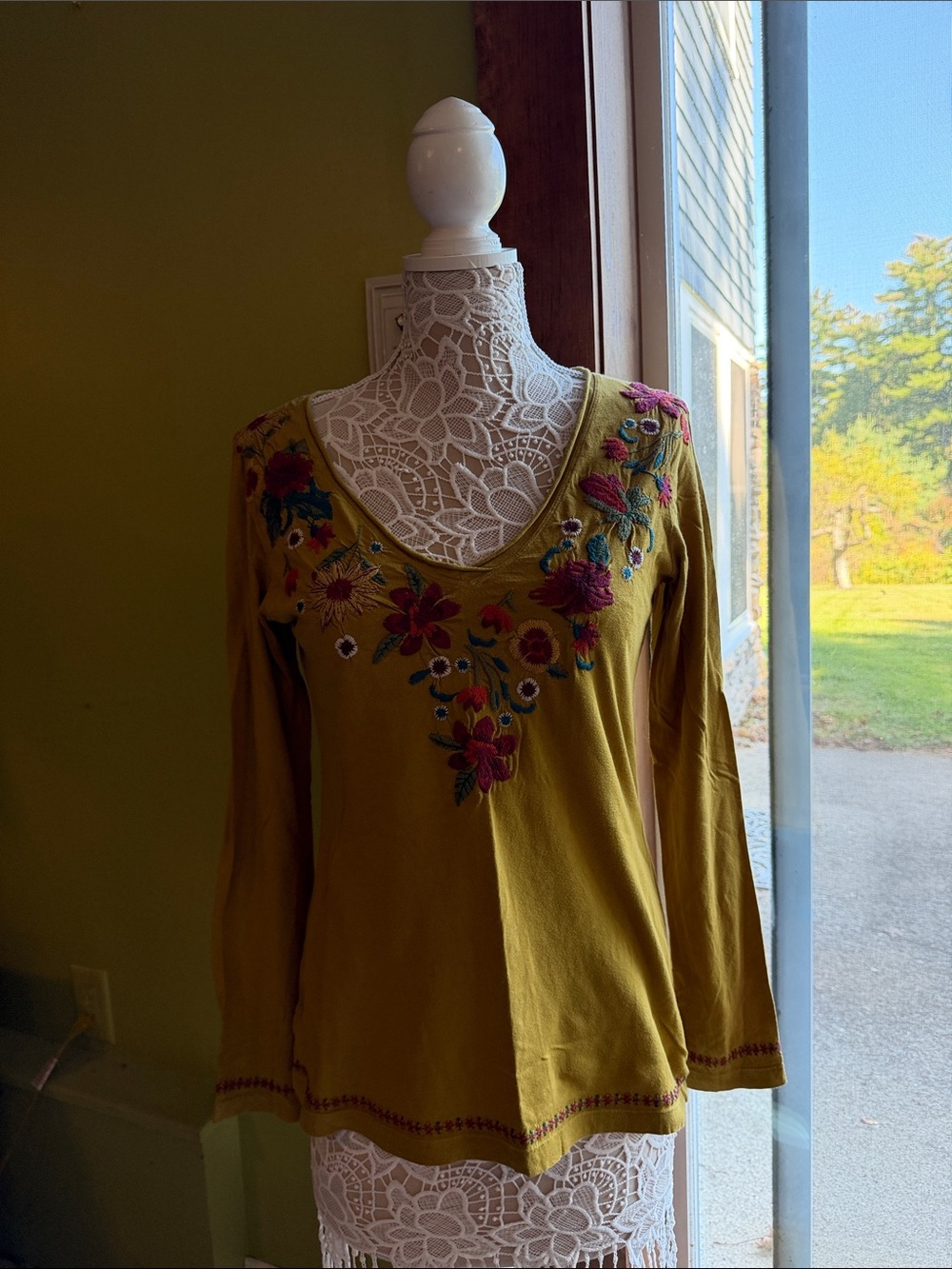 Johnny Was Mustard V-Neck Long Sleeve Top with Floral Embroidery